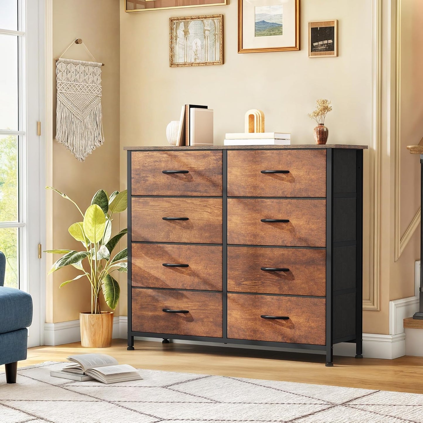 DWVO 8 Drawers Fabric Dresser, Furniture Storage Tower Cabinet, Organizer for Bedroom, Living Room, Hallway, Closet, Sturdy Steel Frame, Wooden Top, Easy-to-Pull Fabric Bins