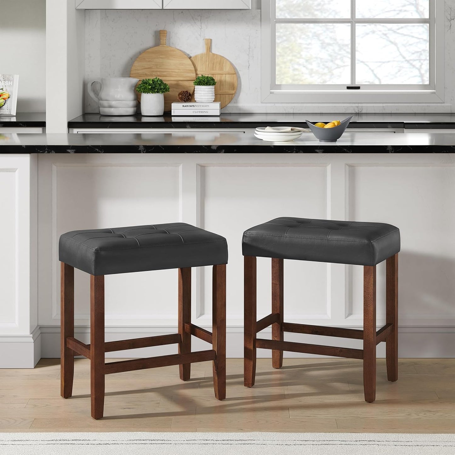 Alaterre Furniture Madison 25-Inch Bar Stool with Faux Leather Seat - Counter Height Stool for Kitchen Island or Bar - Backless Barstools (Walnut/Black)