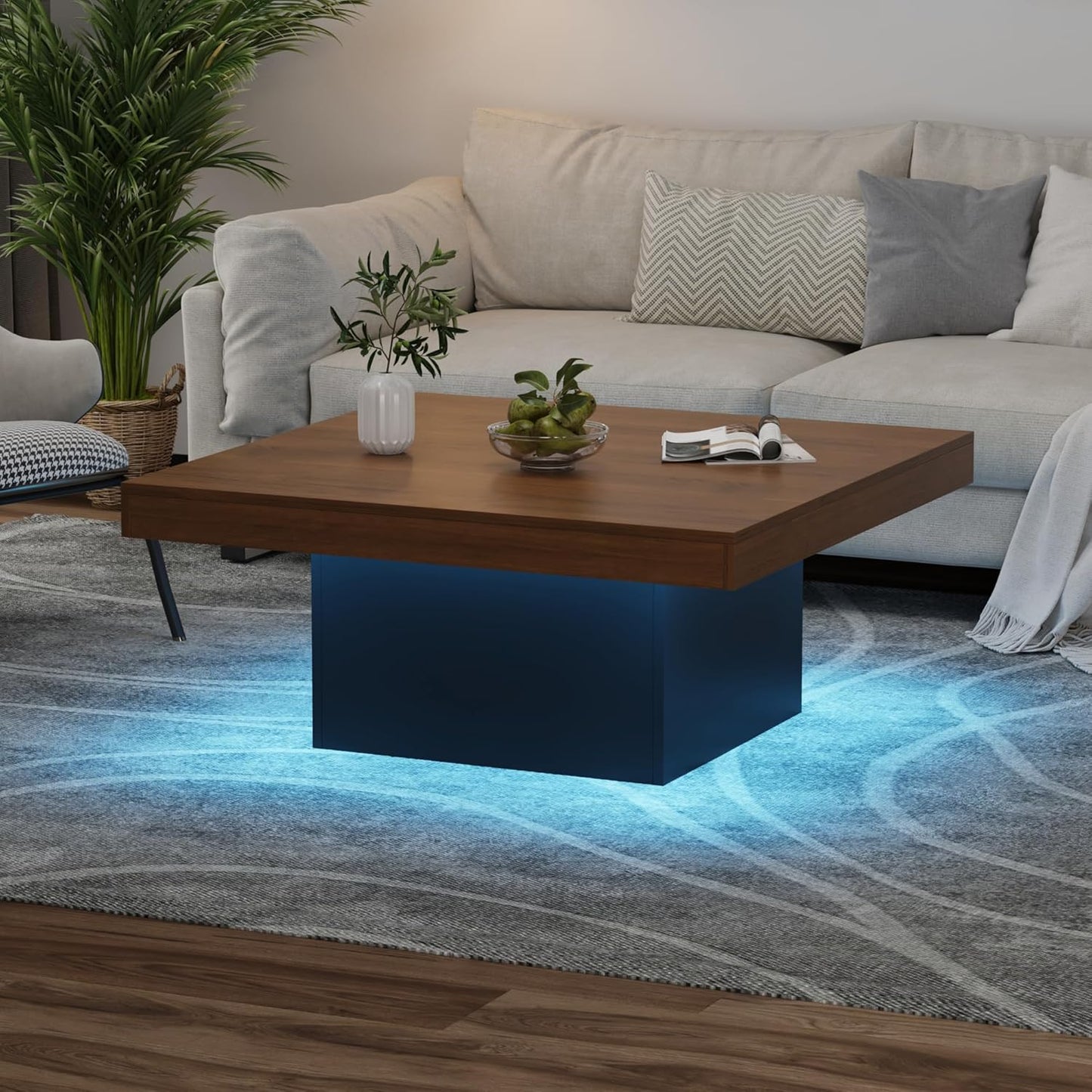 GarveeHome Square Coffee Table with Led Lights, 35 inch Living Room Tables, Modern Coffee Tables with Plug-in 16-Color LED Lights, Cocktail Table for Home Office, Apartment, Reading Room