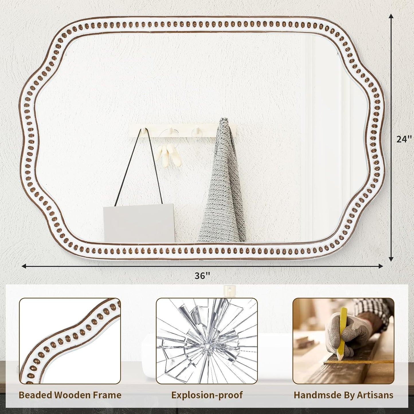 24x36 Inch Wooden Scalloped Farmhouse Mirror for Wall Decor, Rustic Decorative Mirrors for Living Room, Bedroom, Entryway, Bathroom Over Sink - Horizontal/Vertical Mount