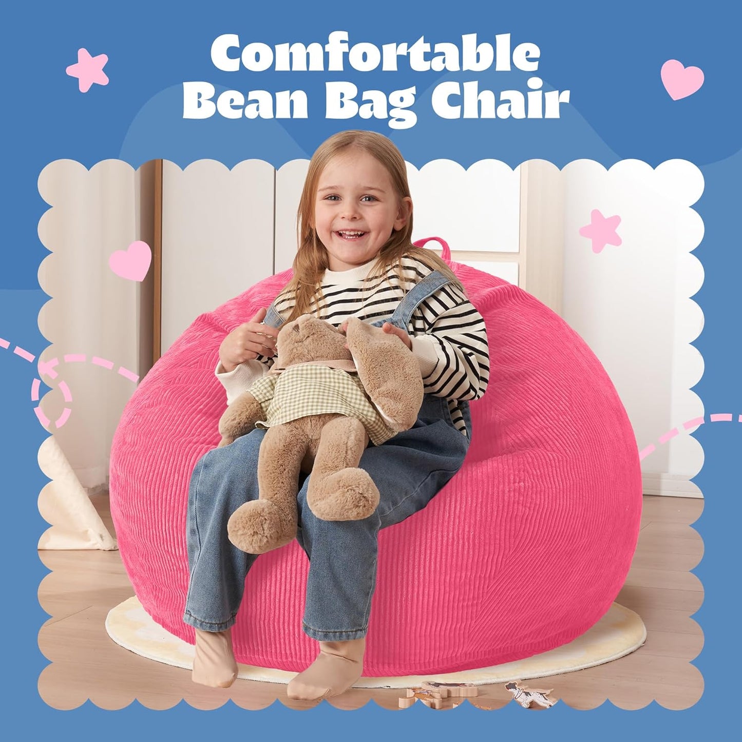 HABUTWAY 2 FT Bean Bag Chair,Giant Bean Bag Chairs,Big Bean Bags with Memory Foam Filled, Large Beanbag Chairs with Soft Corduroy Cover-Pink