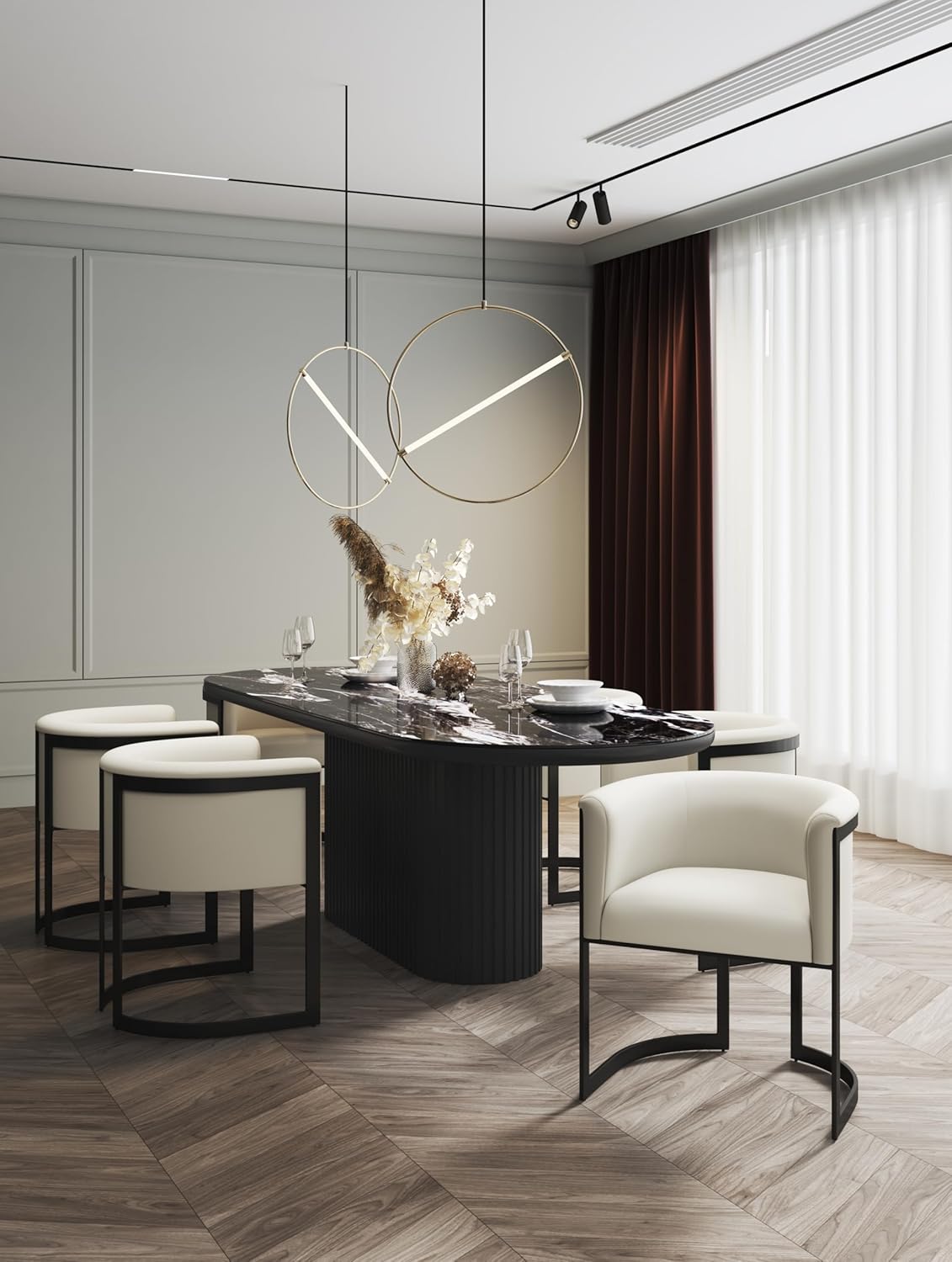 Manhattan Comfort Corso Faux Leather Upholstered Dining Chair, Barrel-Style Foam Padded Seat, Unique Geometric Metal Frame, Fully Assembled Accent Furniture, Cream