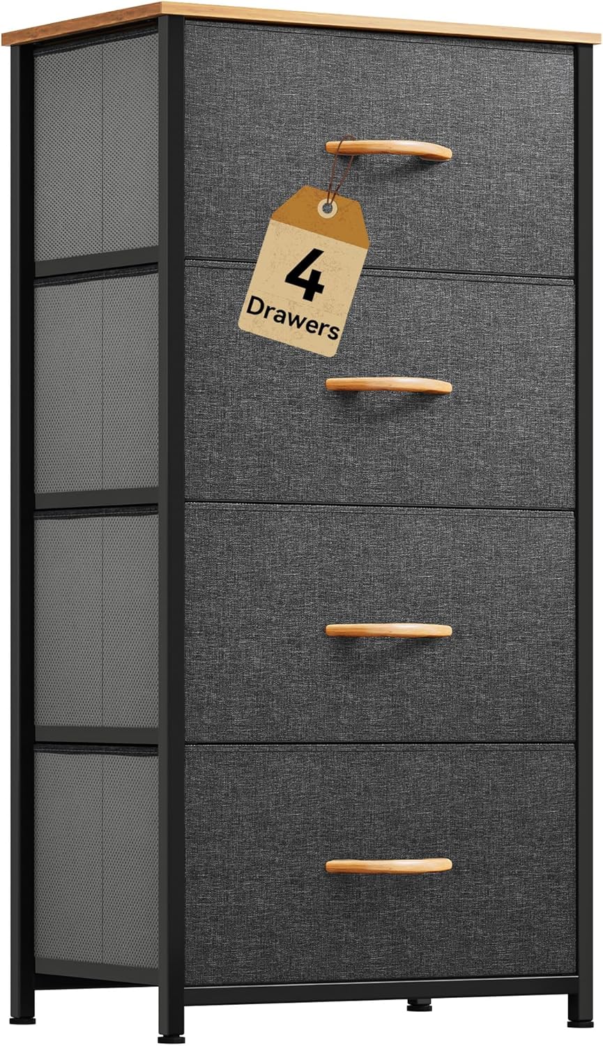DWVO 4 Drawers Dresser, Small Dresser for Bedroom, Fabric Storage Tower, Chest of Drawers, Organizer Unit for Closets, Living Room, Sturdy Steel Frame, Wooden Top, Easy Pull Handle