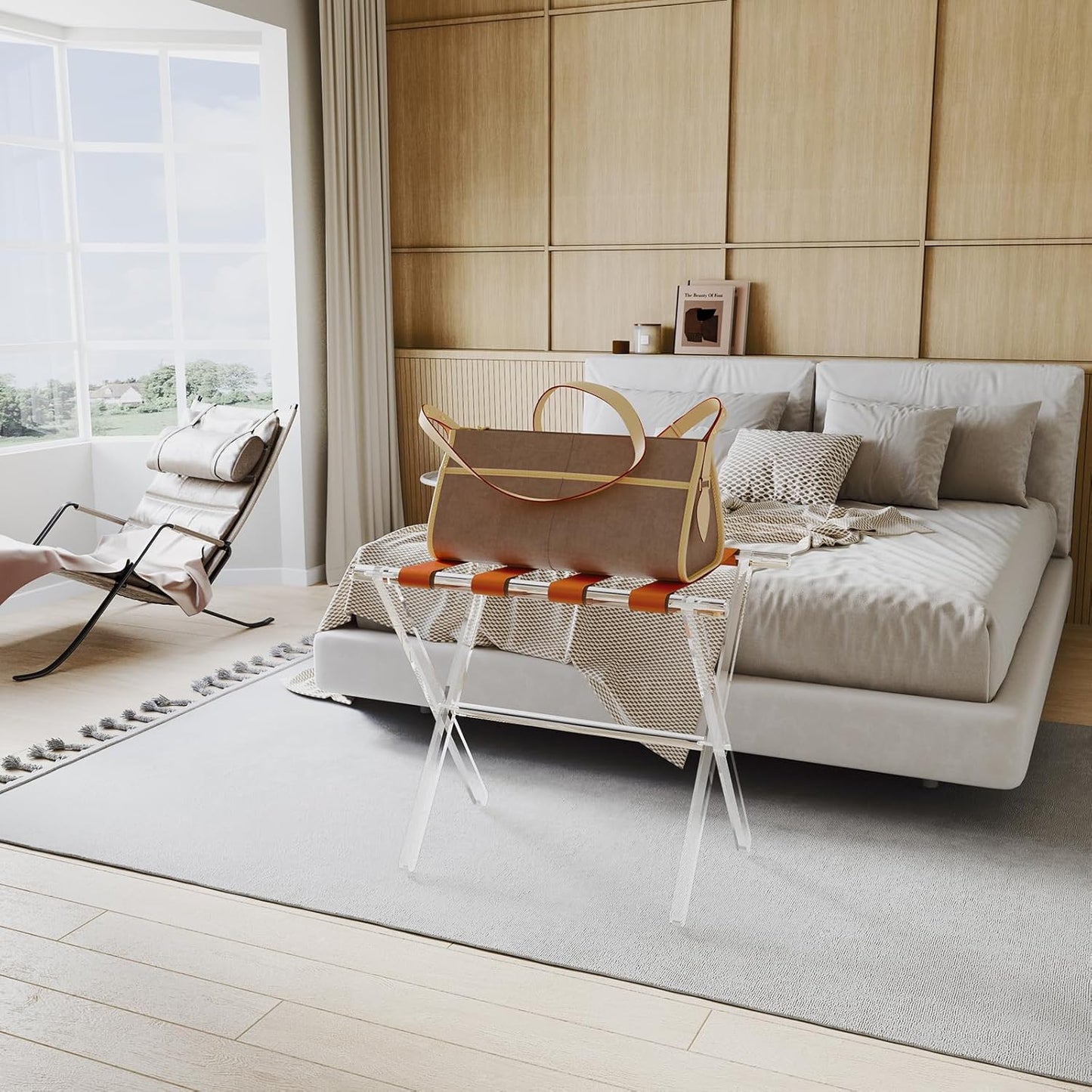 Sumerflos Acrylic Luggage Rack for Guest Room - Foldable Suitcase Stand with Leather Straps for Bedroom Living Room Hotel Heavy-Duty, Holds up to 50-100 lb lightweight Space Saving (Orange & Handle - 1 Pcs)