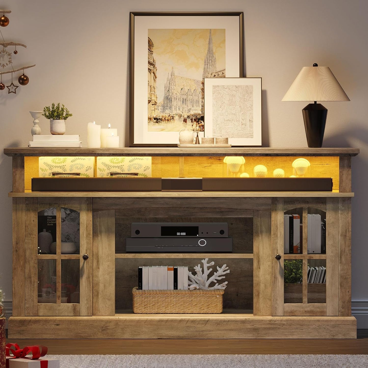 YITAHOME LED Farmhouse TV Stand for 65 Inch w/Outlets, Modern Entertainment Center with Glass Doors and Adjustable Storage Shelves, Media Console TV Cabinet for for Living Room, Grey