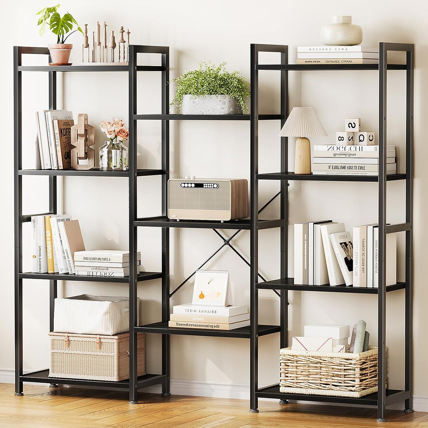 Casaottima Triple 4 Tier Bookshelf, Large Bookcase with 11 Open Display Shelves, Modern Industrial Book Shelves Book Case for Bedroom, Wide Standing Shelving Unit for Living Room Home Office, Black