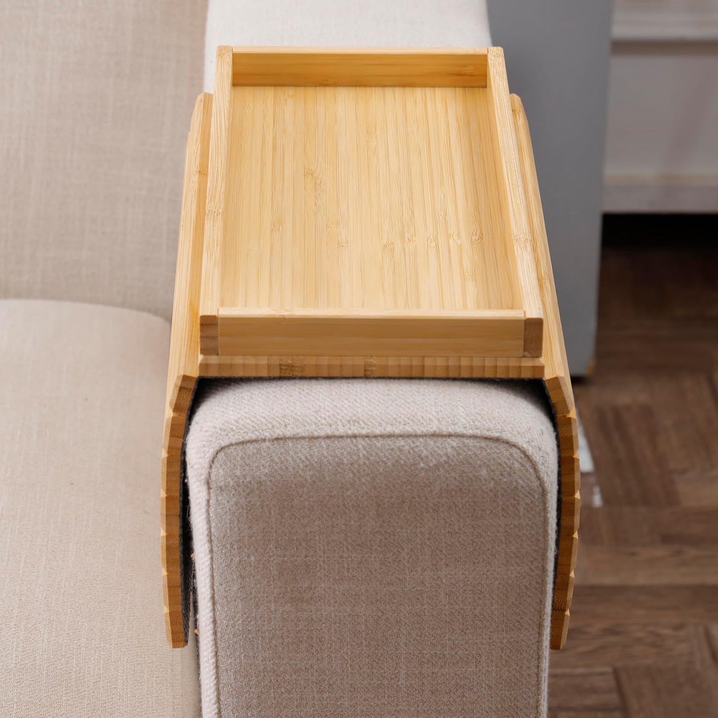 DETOR Couch Arm Tray, Foldable Sofa TV Tray with Capacious 12.4" x 5.4" Storage Box, Natural Bamboo Finish, Enhanced Nonslip Felt Bottom, Sturdy Bamboo Slats Material | for Armrests 6" and Wider