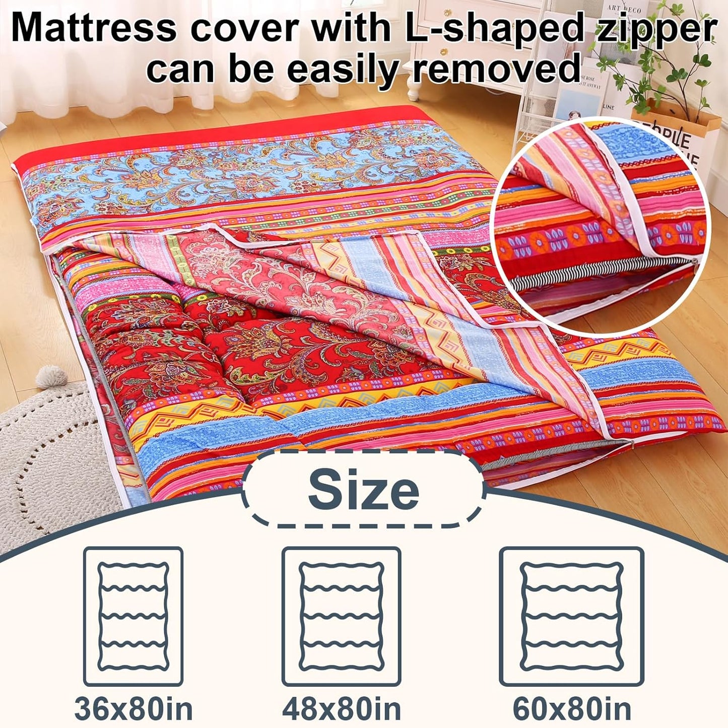 Bohemian Retro Japanese Floor Mattress, Vintage Floral Tatami Floor Mat, Portable Roll up Futon Mattress for Guest,Tavel (E,Queen80 X 60")