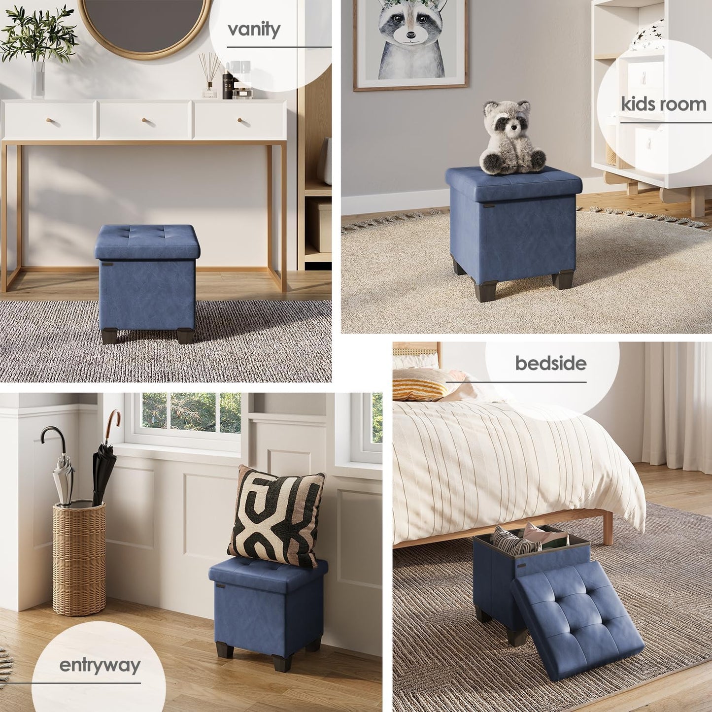 STORAGEBUD Storage Ottoman Cube with Small Bin, 16-in Square Ottoman with Storage for Living Room and Bedroom, Small Ottomans Foot Rest, Faux Leather Foot Stools Ottomans Max 330lbs, Blue