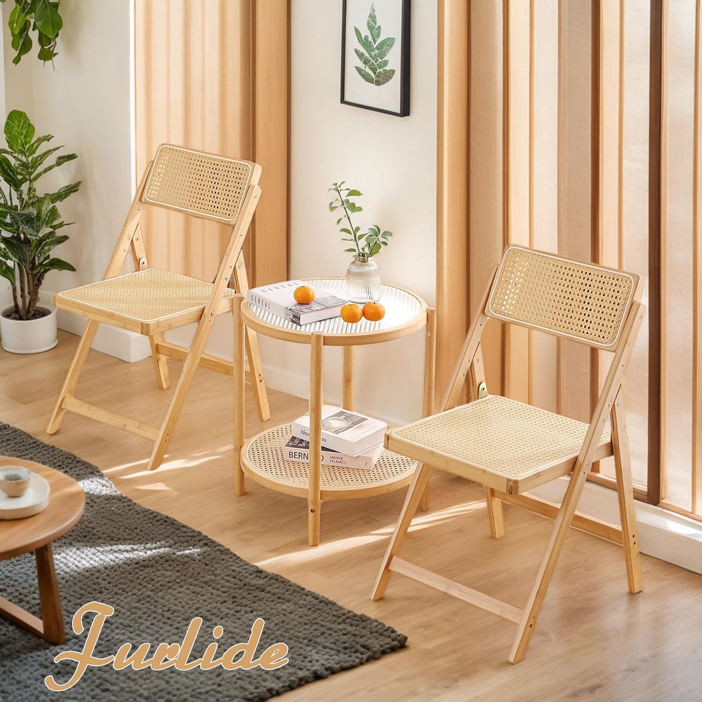 Rattan Folding Chairs, Modern Mid Century Dining Chairs Set of 2, Outdoor Bamboo Chair for Bedroom Living Room Reading Room Dining Kitchen, Wood