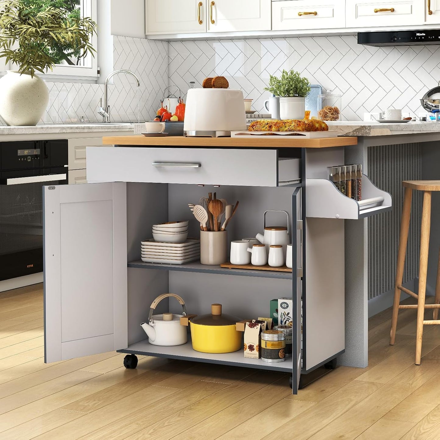 COSTWAY Kitchen Island On Wheels, Rolling Storage Trolley Cart with Large Cabinet, Drawer, Spice Rack and Towel Rack, Kitchen Serving Utility, 3-Position Adjustable Shelf (Grey)