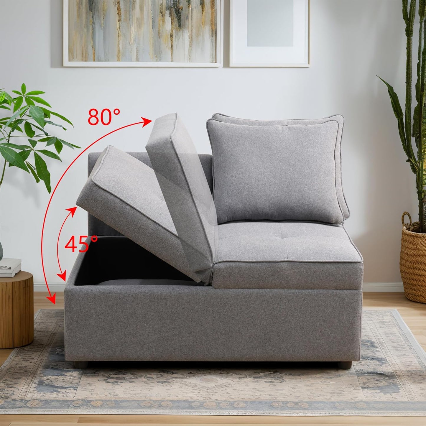 Convertible Ottoman Sofa with Storage, Modern Sackcloth Futon Couch with 2 Pillows Adjustable Backrest, Recliner Folding Loveseat for Living Room, Apartment Dorm, Office,Grey