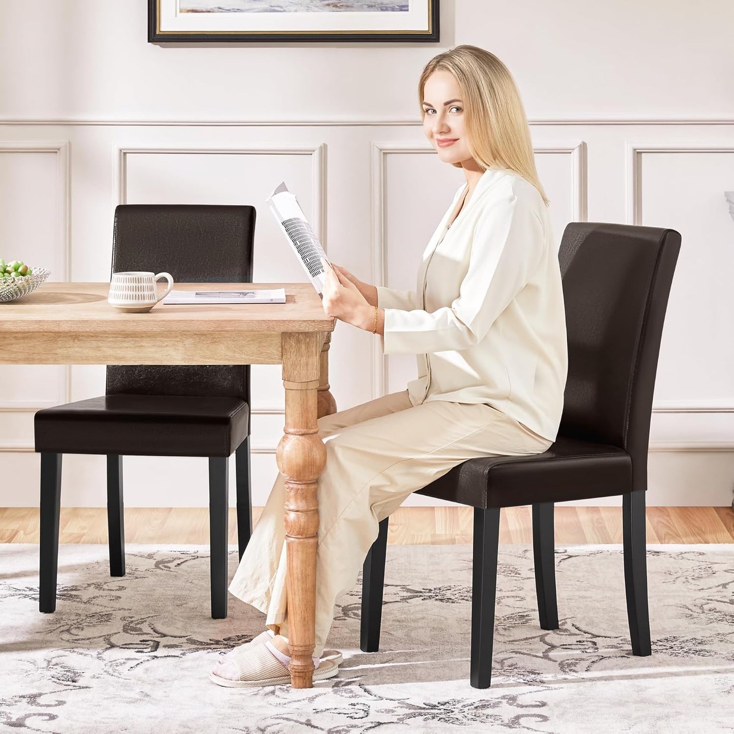 Yaheetech Dining Chairs Set of 2 Faux Leather Modern Dining Room Chairs with Rubberwood Legs and Padded Seat for Kitchen/Living Room/Restaurant, Dark Brown