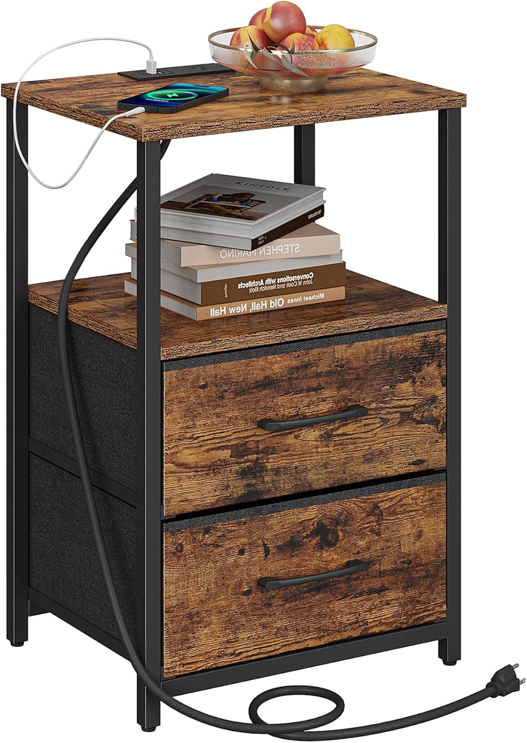 TUTOTAK End Table with Charging Station, Night Stand, Side Table with 2 USB Ports and Outlets, Nightstand with Cloth Drawer, Bedside Table for Livingroom, Bedroom Brown TB01BB088