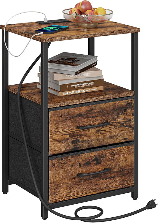 TUTOTAK End Table with Charging Station, Night Stand, Side Table with 2 USB Ports and Outlets, Nightstand with Cloth Drawer, Bedside Table for Livingroom, Bedroom Brown TB01BB088