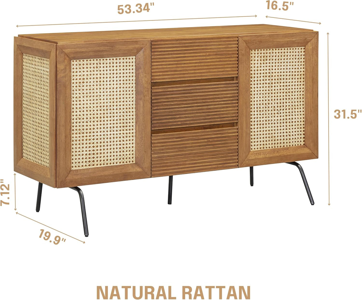 NTC MOSSIC Sideboard with 2 Doors and 3 Drawers, Buffet Cabinet with Natural Rattan and Metal Legs, Modern Storage Cabinet for Living Room, and Hallway, Effortless Assembly, Teak Look