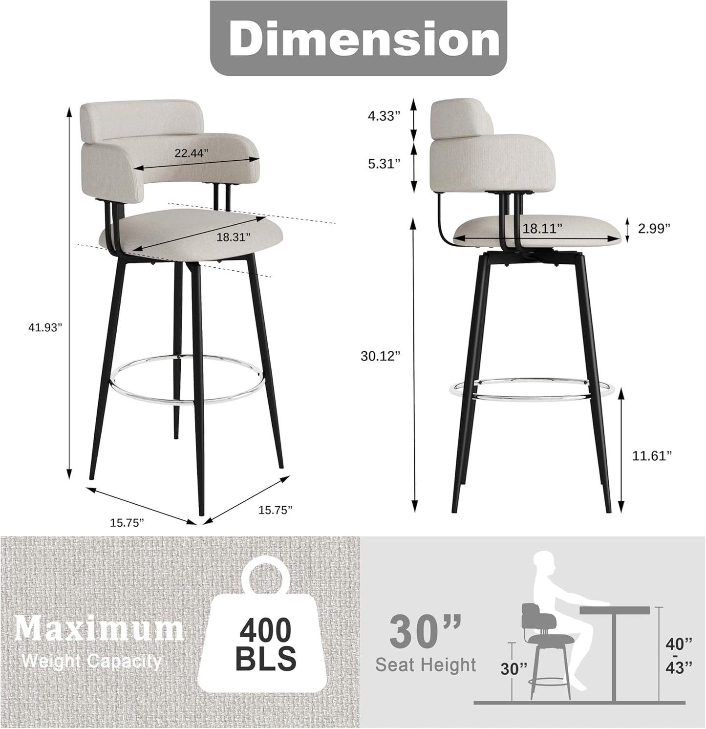 Swivel Bar Stools Set of 2, Counter Height Bar Stools with Ergonomic Full Back, Upholstered Linen Fabric Barstools with Chrome Metal Footrest for Kitchen Island, Dining Room