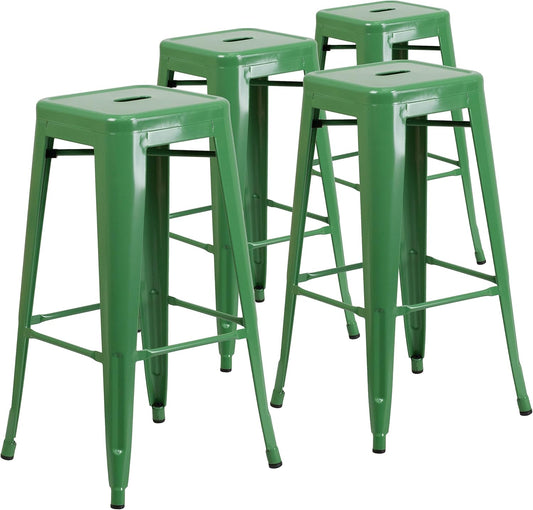Flash Furniture Lily 4 Pack Commercial Grade 30" High Backless Green Metal Indoor-Outdoor Barstool with Square Seat