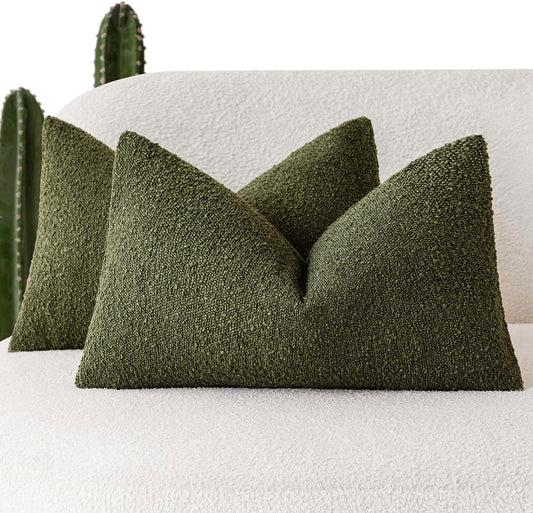 Foindtower Pack of 2 Textured Boucle Throw Pillow Covers Accent Solid Decorative Lumbar Pillow Cases Cozy Couch Cushion Case for Chair Sofa Bedroom Living Room Home Decor 12x20 Inch Moss Green