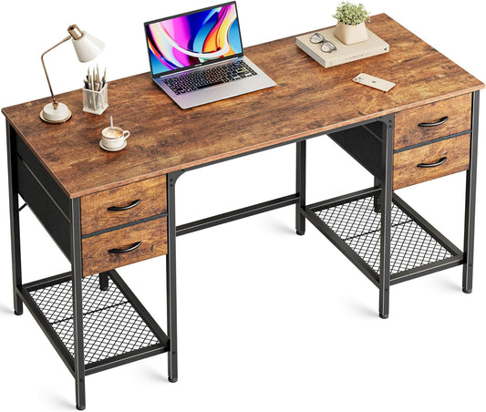 Huuger 47 Inch Computer Desk with 4 Drawers, Office Desk with Mesh Shelf, Gaming Desk, Large Storage, Writing Work Desk for Home Office, Study, Bedroom, Work from Home, Rustic Brown