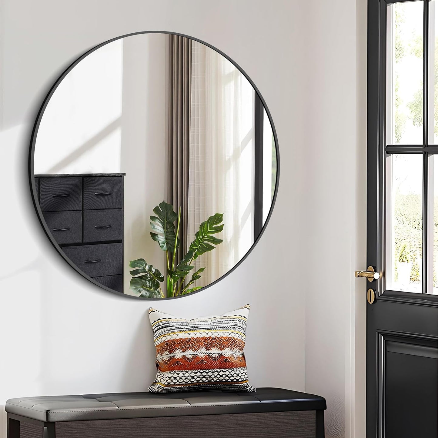 Black 39-Inch Round Mirror - Wall Mounted Aluminum Alloy Metal Frame for Bathroom, Entryway, Living Room, Large Over Sink