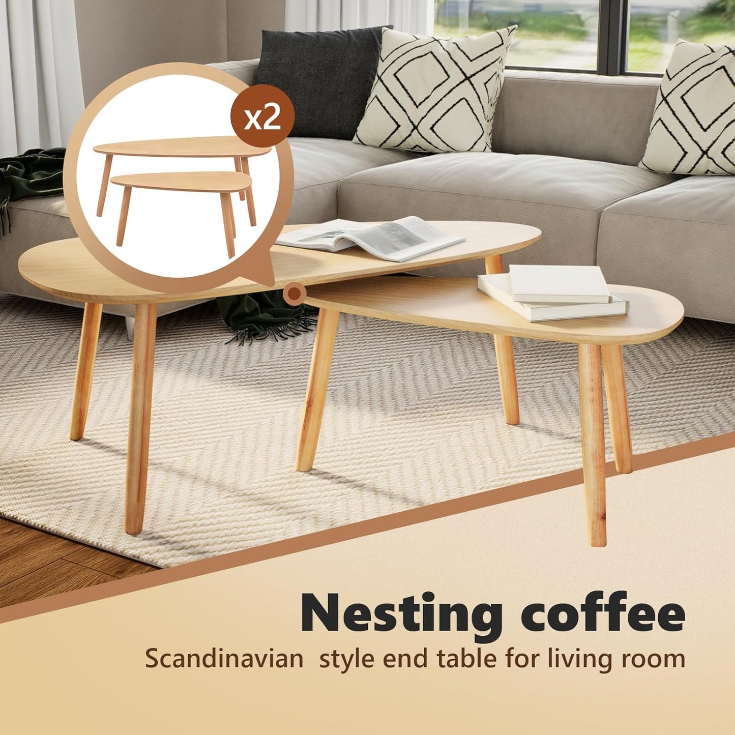 vidaXL Nesting Coffee Table 2 pcs, Side Tables with Solid Pine Wood Legs, Scandinavian Style End Table for Living Room, Brown