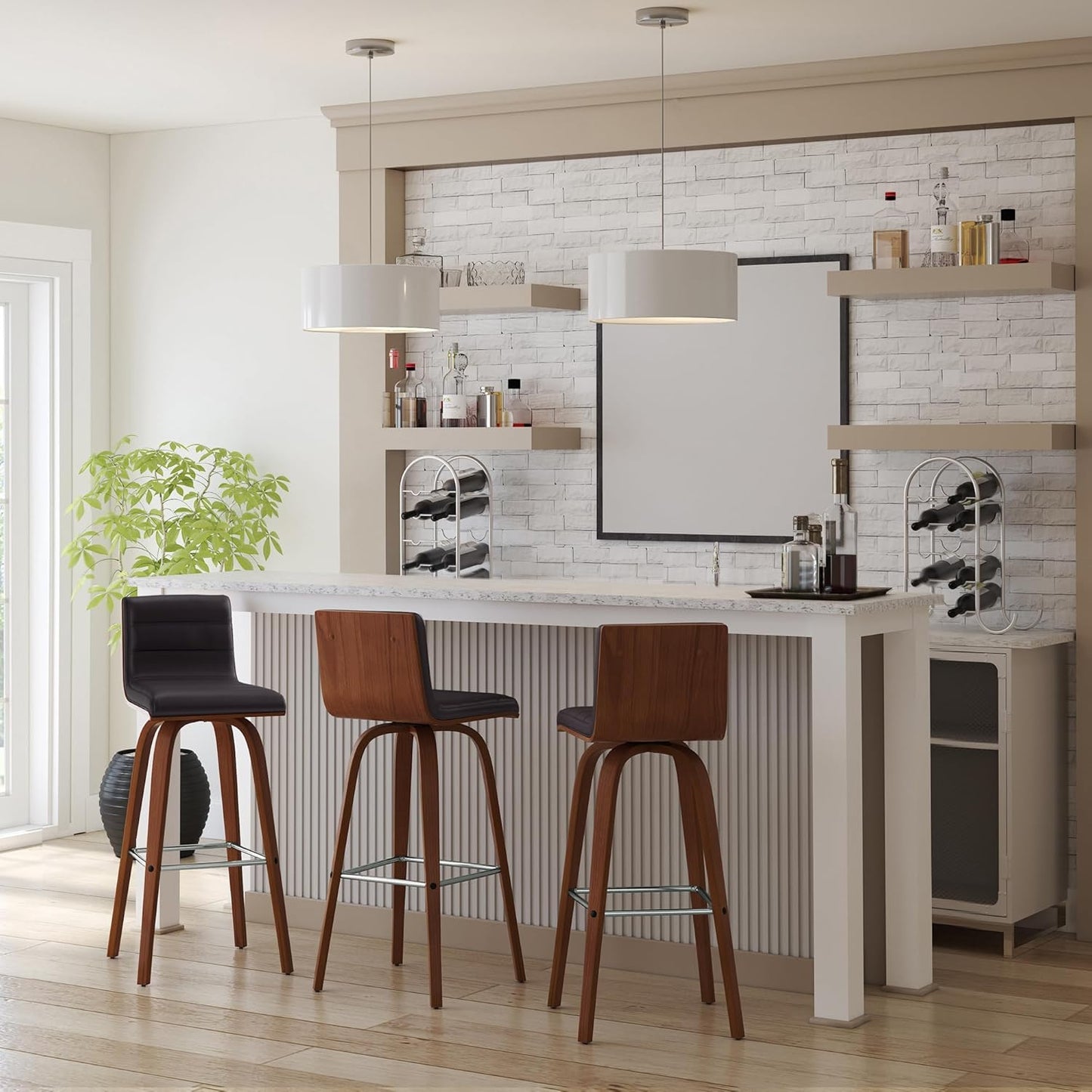 Armen Living Vienna 30" Bar Height Swivel Brown Faux Leather and Walnut Wood Bar Stool