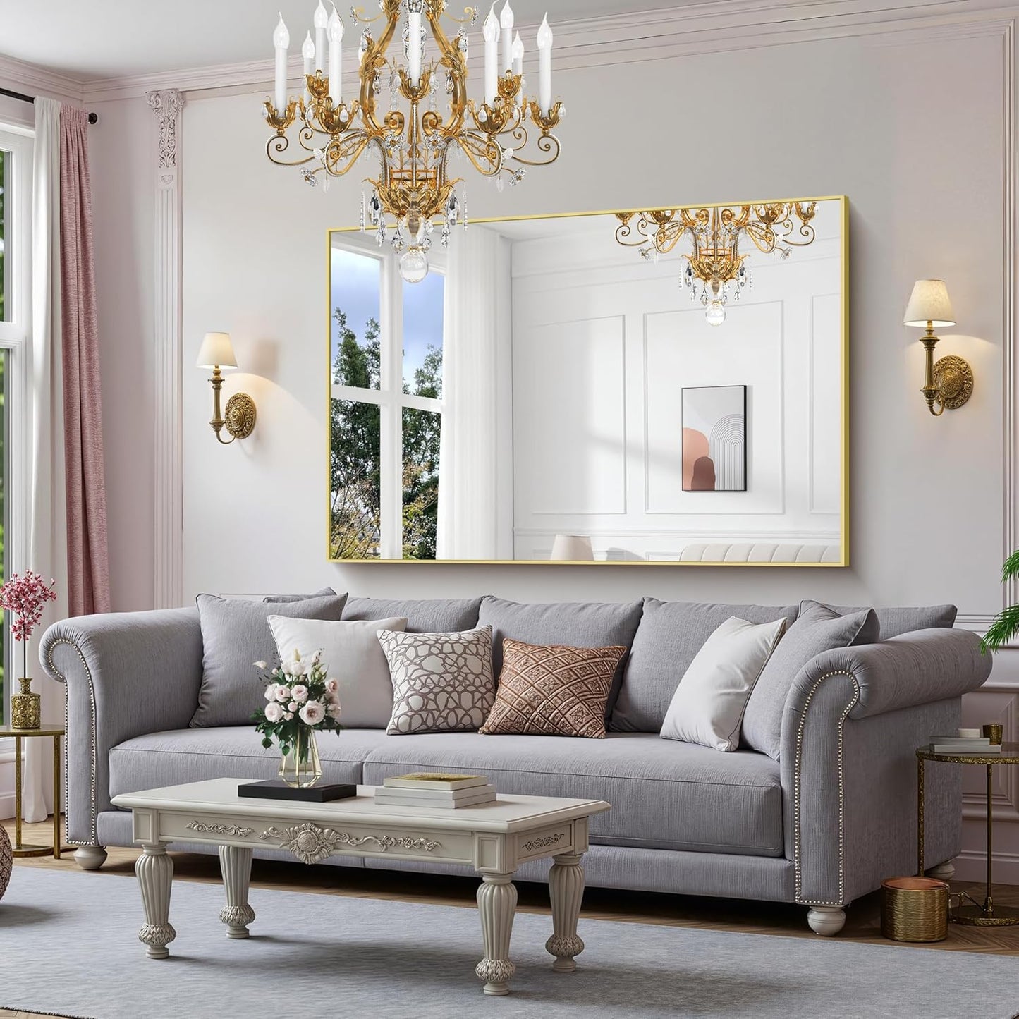 YIROMAN Bathroom Mirror 60"x40", Large Brushed Gold Bathroom Mirror for Over Sink with Aluminum Frame, Rectangular Vanity Mirror with Right Angle, Wall Mirror Hangs Horizontal or Vertical