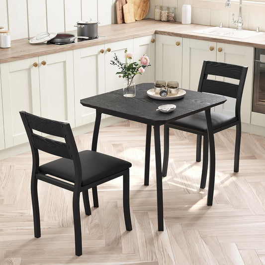 GAOMON Dining Table Set for 2, 3 Piece Small Kitchen Table and 2 Upholstered Chairs with Metal Frame & Wood Grain Tabletop for Small Space, Apartment, Kitchen, Dining Room, Black