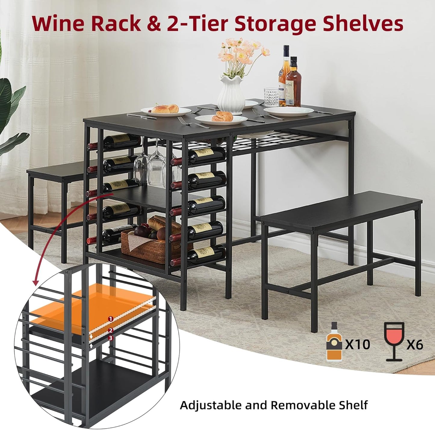 IDEALHOUSE Dining Table Set for 4, Kitchen Table Set for 4 with 2 Benches, Rectangular Dining Room Table Set with Wine Rack, 3 Piece Dining Table Set for Small Space Apartment, Black