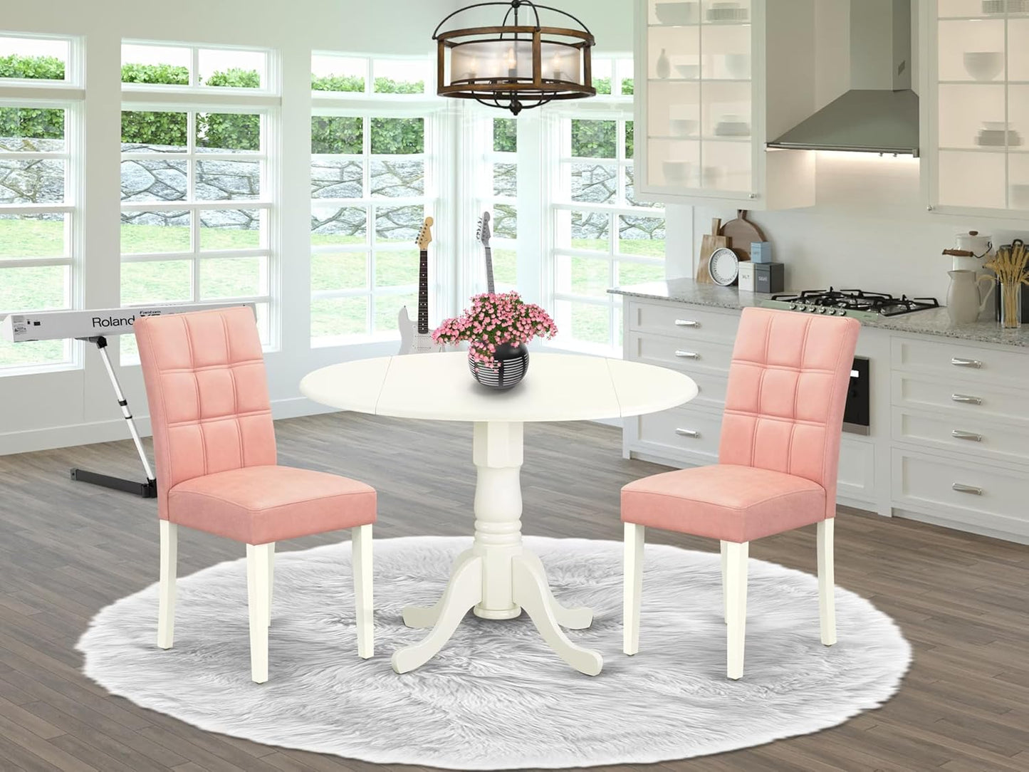 East West Furniture DLAS3-WHI-42 3 Piece Dining Table Set consists A Dinner Table and 2 Beige Red Polyester Fabric Parson Kitchen Chairs with Stylish Back- Linen White Finish