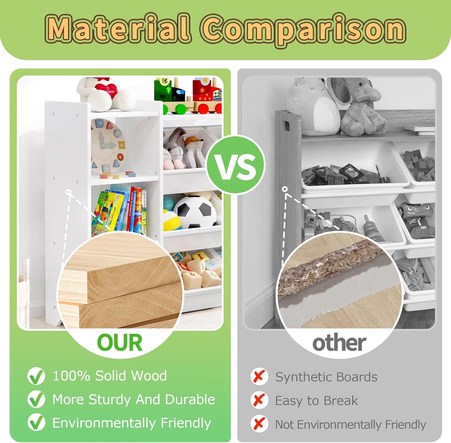 MallBest 4-Tier Kids' Toy Storage Organizer Shelf - 100% Solid Wood, Children's Organizer Cabinet with 9 Plastic Bins and 6 Storage Ports (White)