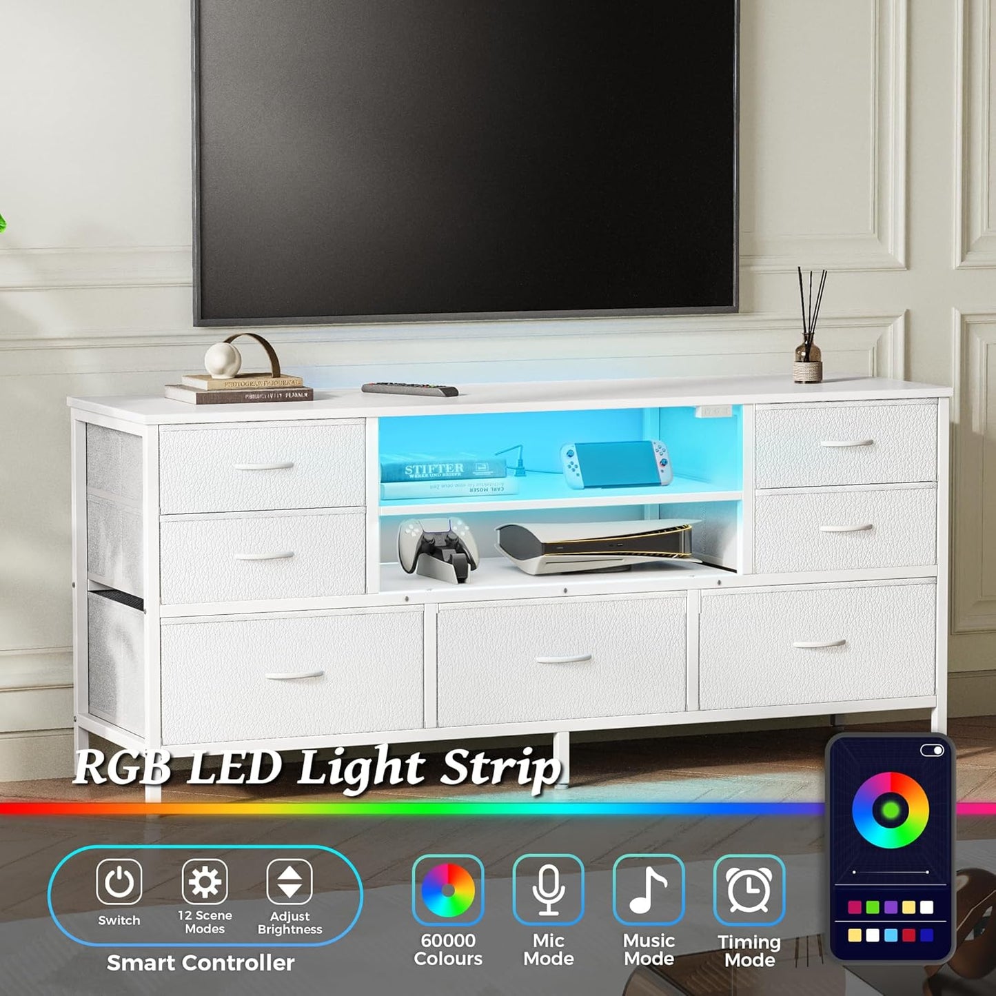 Huuger Dresser for Bedroom With Power Outlets and LED Lights, 7 Drawers TV Stand for 55 Inch TV, 47 Inches TV Console With Open Shelf, Wide White PU Leather