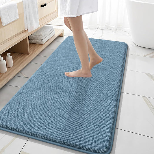 OLANLY Thick Memory Foam Bath Mat Rug 47x20, Extra Soft Absorbent Bathroom Rug, Quick Dry Bath Mats, Non-Slip, Machine Washable Carpet for Bathroom, Tub and Shower, Home Decor Accessories, Airy Blue