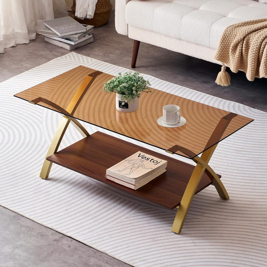 Coffee Table for Living Room and Bedroom, 2-Tier Mid-Century Modern Table with Amber Tempered Glass Top and Walnut Finish Wood Shelf, Strong Metal Legs with Gold Finish