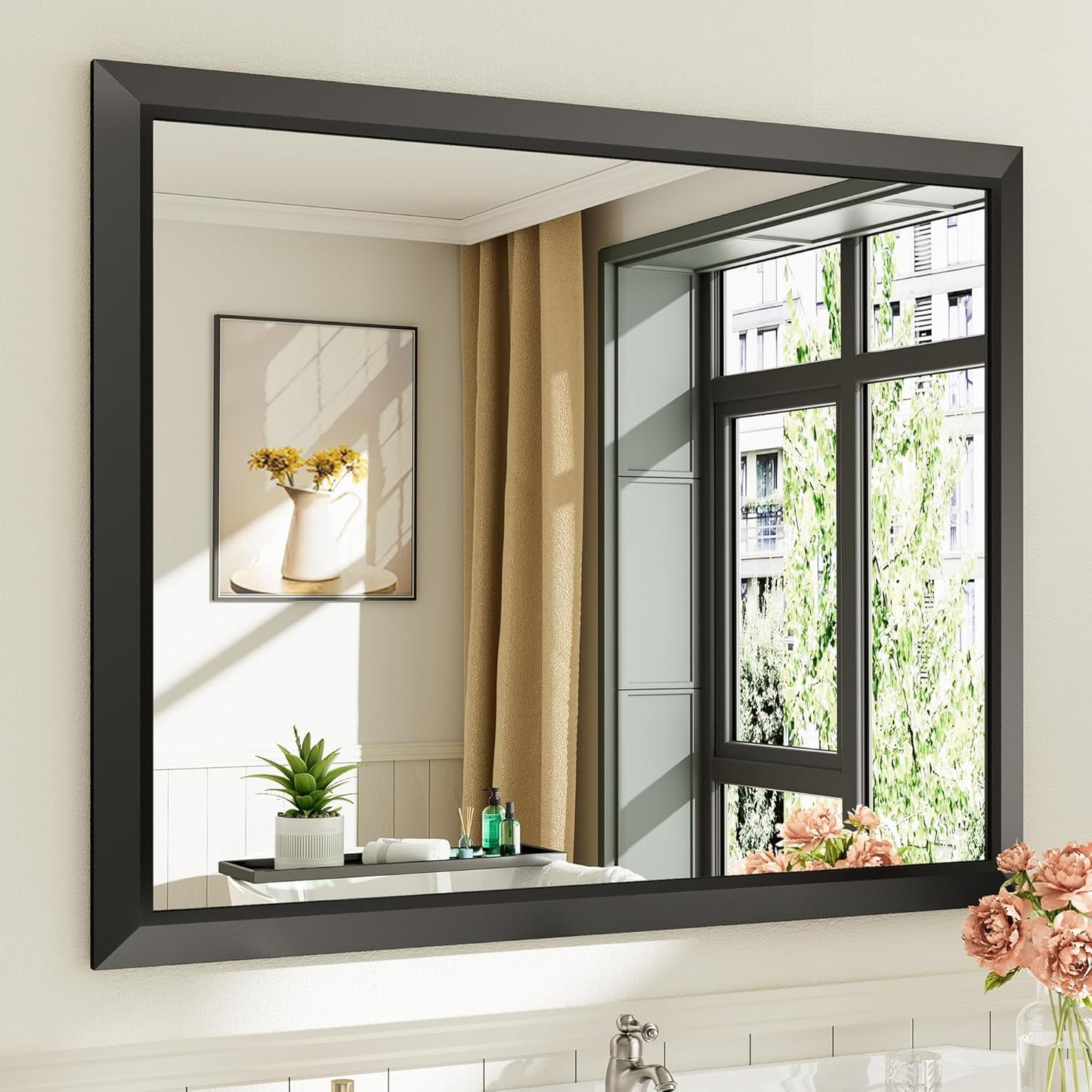 40x32 Inch Black Bathroom Mirror for Wall, Thick Metal Framed Rectangle Mirrors for Over Sink, Bedroom, Living Room, Entryway, Anti-Rust, HD Tempered Glass