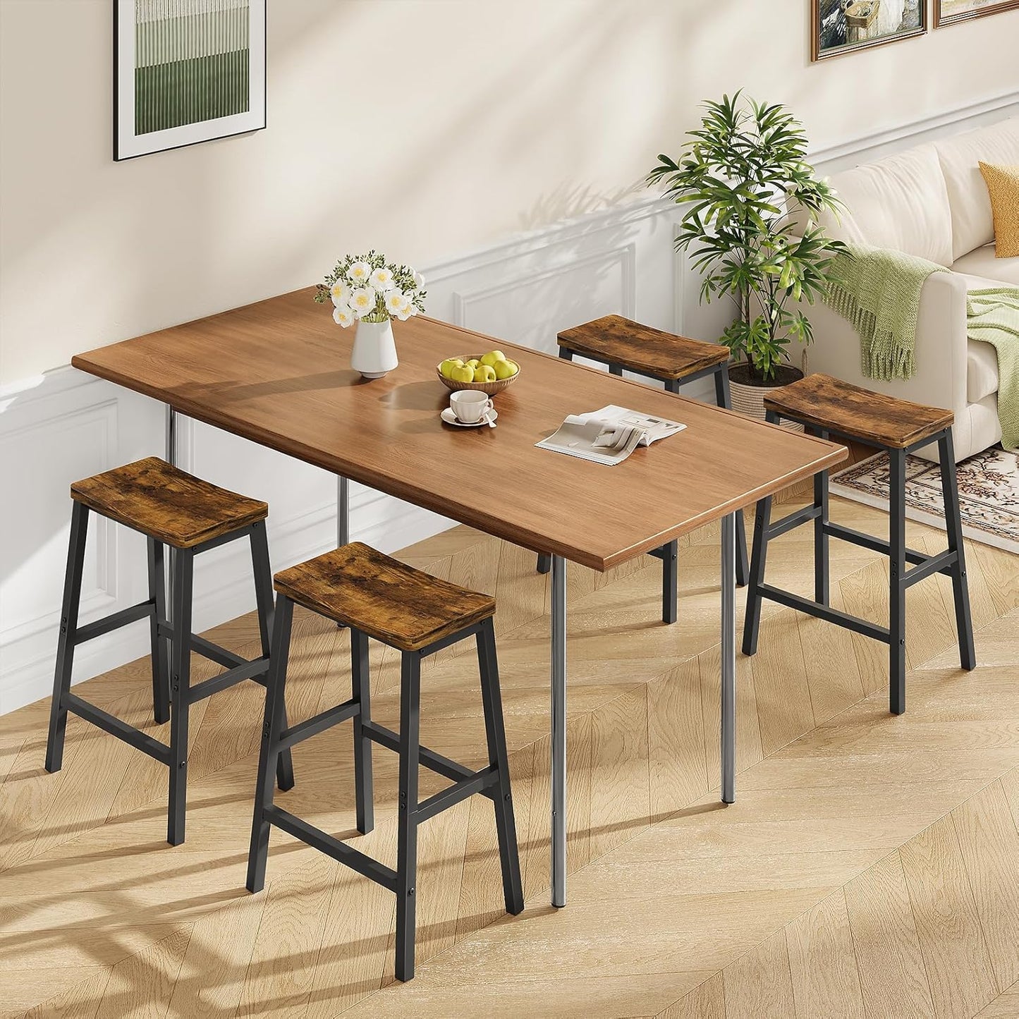 HOOBRO Bar Stools Set of 4, Counter Height Bar Stools, 23.6'' Bar Chairs, Saddle Stools with Footrests, Industrial Barstools for Dining Room, Kitchen, Bar, Rustic Brown and Black BF02MDP401