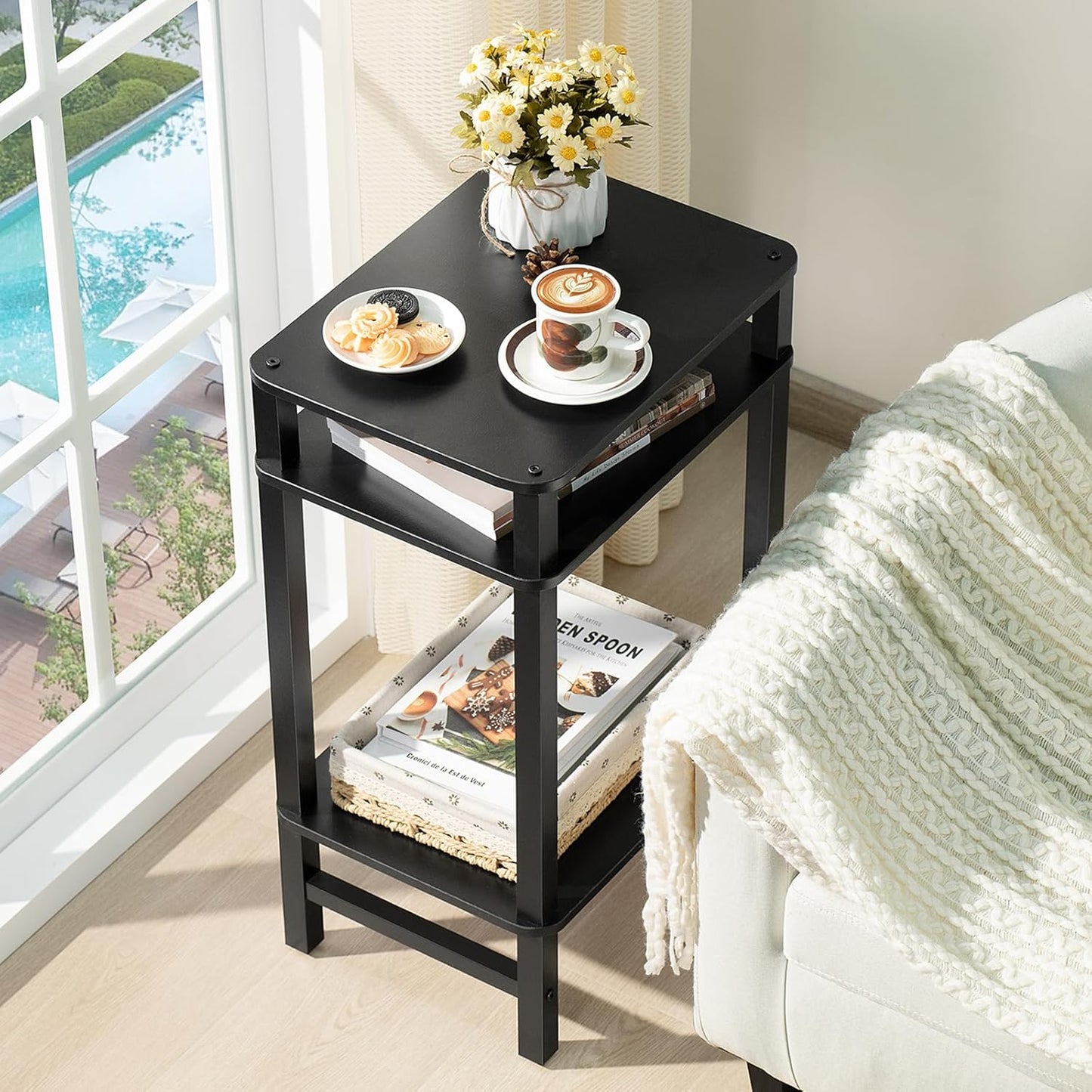 28in Tall Side Table Set of 2, 3-Tier Small Narrow End Table for Couch, Skinny Nightstand for Small Space, Farmhouse Slim Night Stand with Storage, Wooden Frame Thin Bedside Table, Black