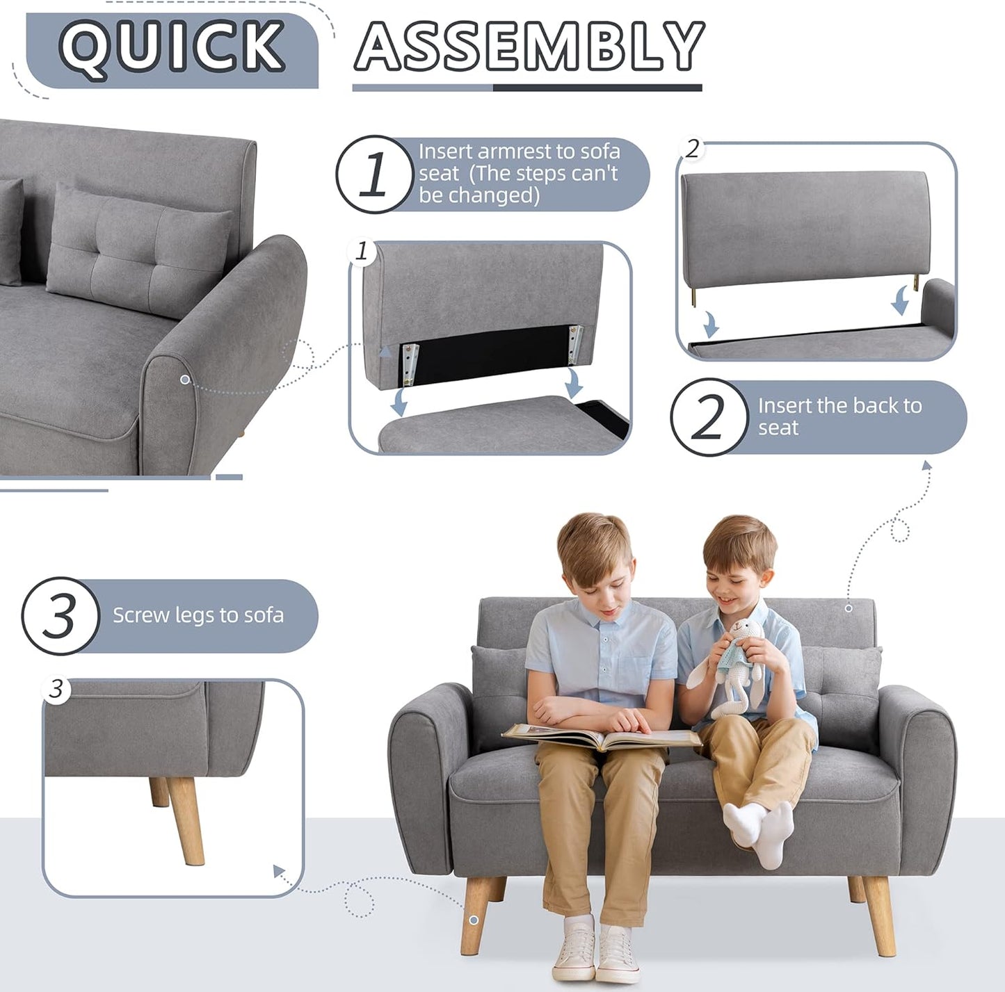 Shintenchi Small Modern Loveseat Couch Sofa, Mid Century Fabric Upholstered 2-Seat Sofa Couch Love Seats Furniture for Small Space,Living Room,Studio,Apartment with 2 Pillows,Light Grey