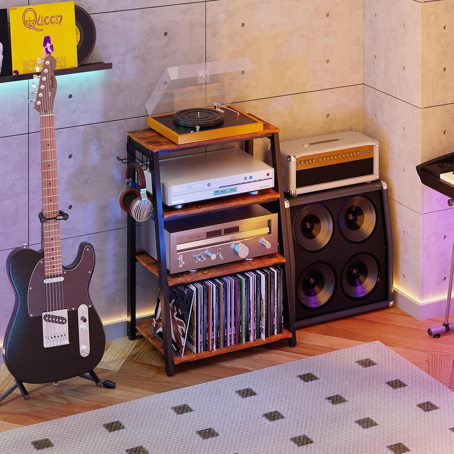 4-Tier AV Media Stand with 2 Hooks,Heavy Duty Stereo Cabinet Furniture-Large Stereo Rack and Game Console Stand,Wooden Record Player Stand,Audio Stand Perfect for DVD Players/Game Console/TV Box/Xbox