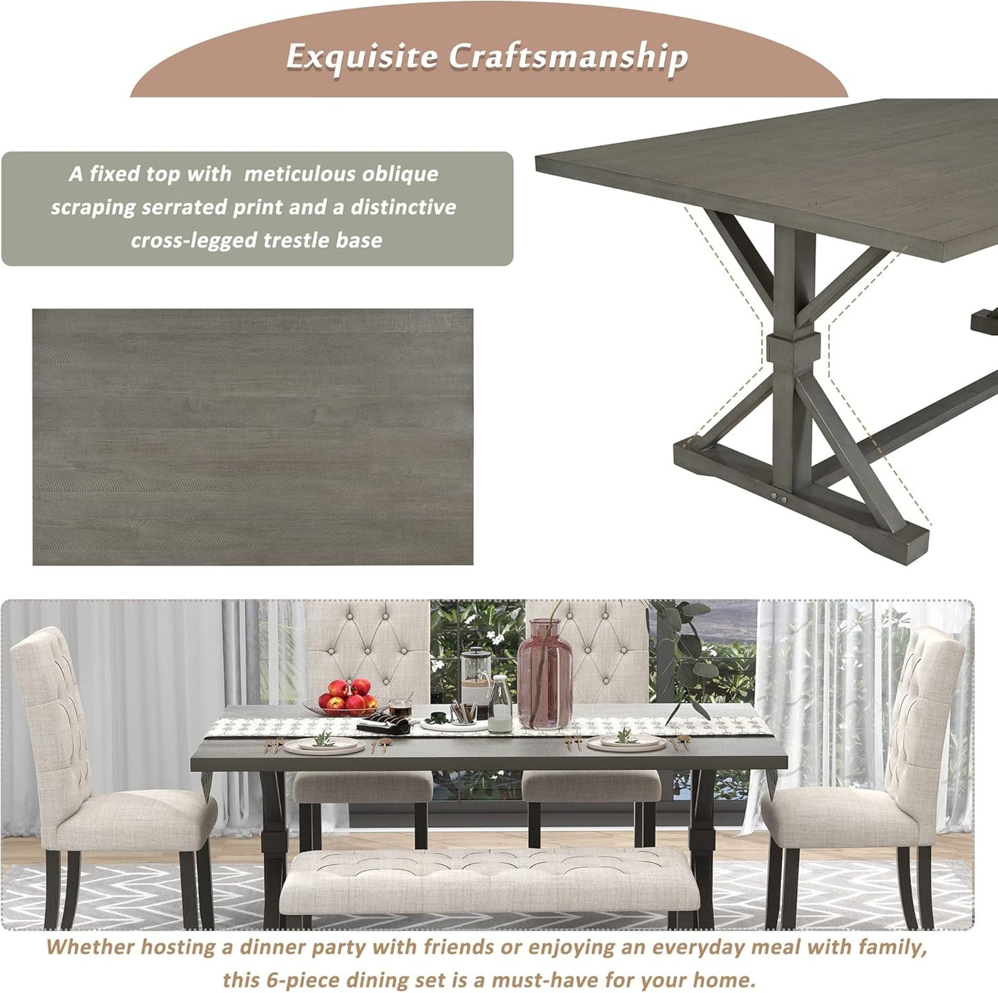 Ball & Cast 6 Piece Dining Table Set with 4 Upholstered Chairs and 1 Bench,Wooden Living Room Furniture for 6 W/ 72" Rectangle Desk,for Small Space,Apartment,Dining Room,Gray