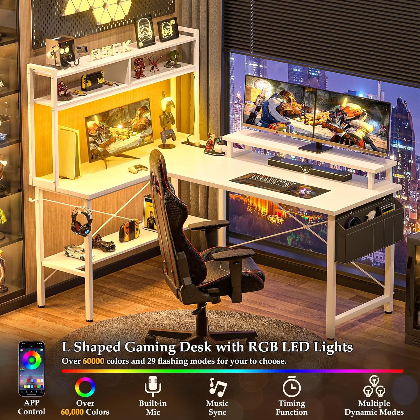 Aheaplus L Shaped Gaming Desk with Power Outlets & LED Lights, Small L- Shaped Desk Computer Corner Desk with Monitor Stand & Storage Shelf, Home Office Desk Writing Desk with Storage Bag, White