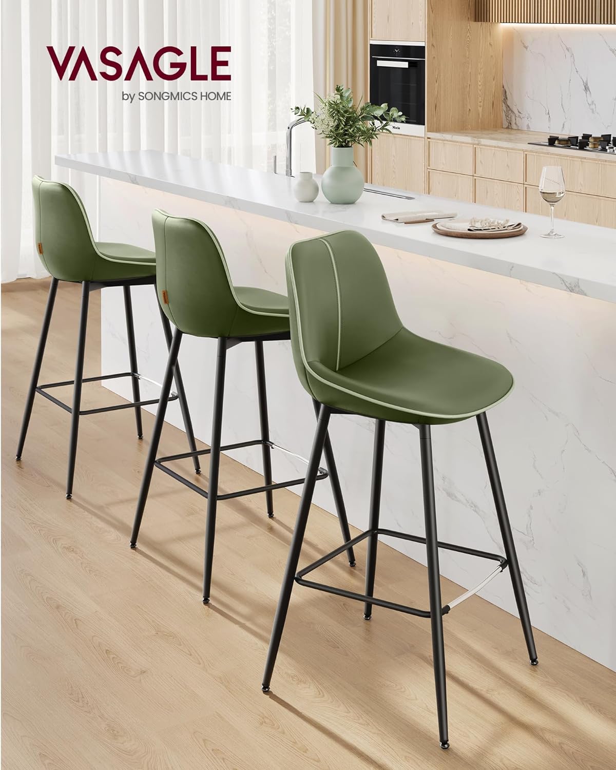 VASAGLE Bar Stools Set of 2, Bar Height Bar Stools with Back, Ergonomic Backrest, Synthetic Leather, Metal Legs, 28.7-Inch Tall Barstools for Kitchen Island Home Bar, Easy Assembly, Forest Green