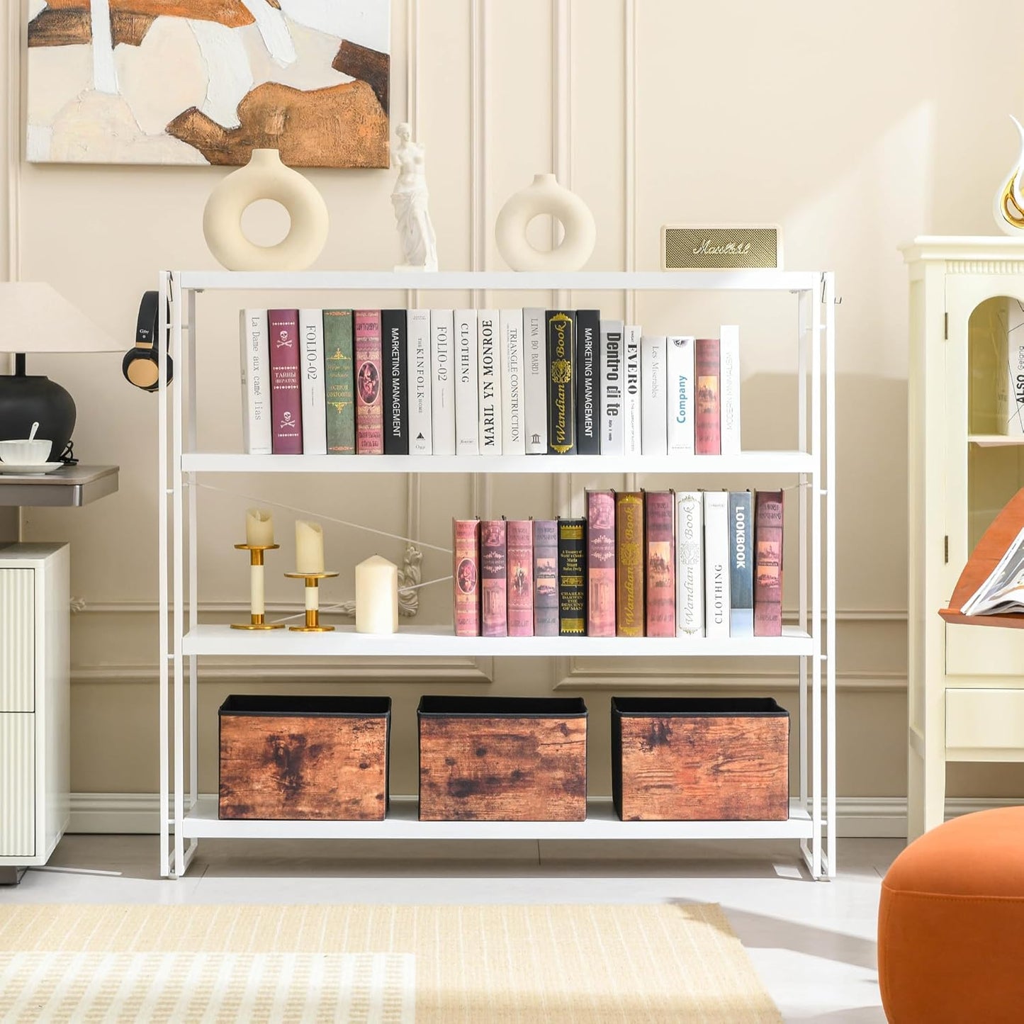 HCHQHS Bookshelf, 4-Tier Industrial Bookcase, White Open Book Shelf, Freestanding Tall Bookshelves with Metal Frame