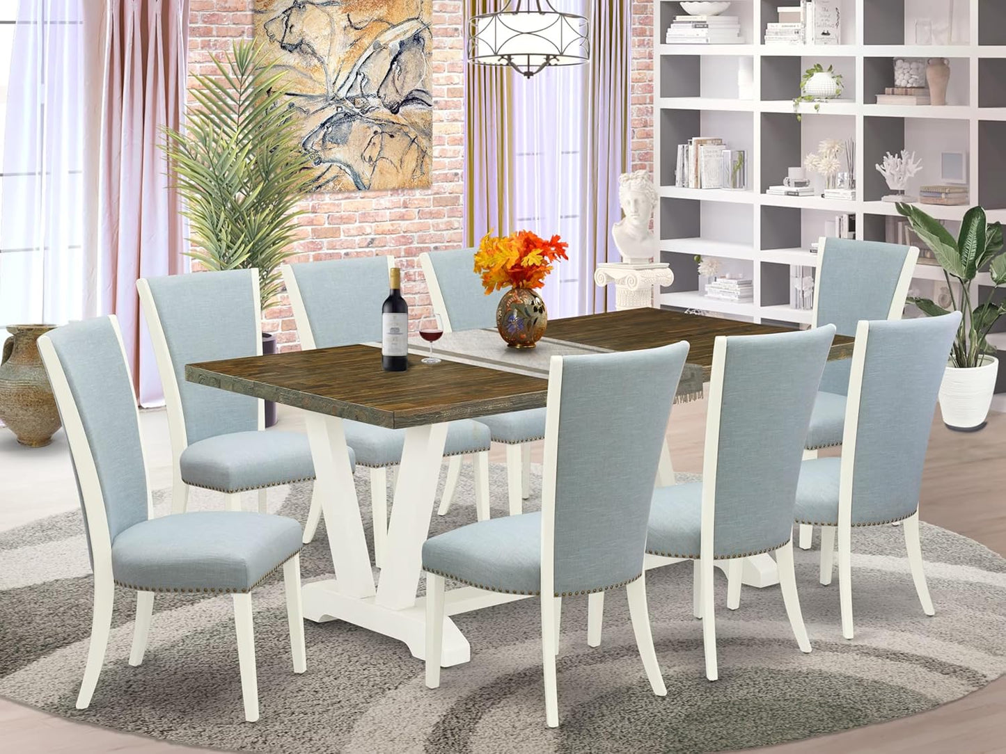 East West Furniture V077VE215-9 9 Piece Dining Room Furniture Set Includes a Rectangle Dining Table with V-Legs and 8 Baby Blue Linen Fabric Upholstered Chairs, 40x72 Inch, Multi-Color