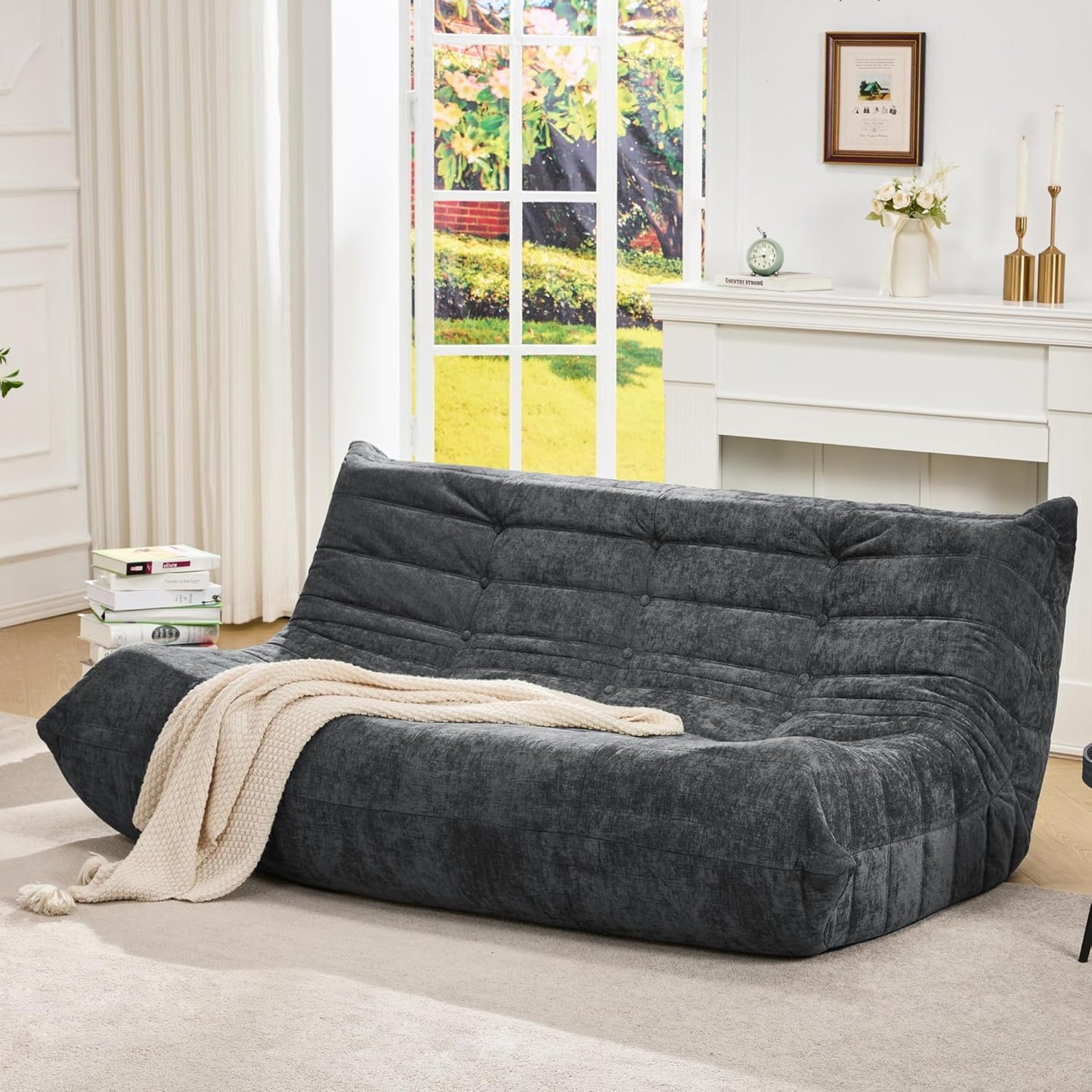 Hobestluk Bean Bag Chairs for Adults Giant Bean Bag Chair Memory Foam BeanBag Chair Bean Bag Sofa with Filler Faux Fur Fireside Beanbags Lazy Sofa for Living Room Bedroom (Darkgrey Chenille, 3-Seater)
