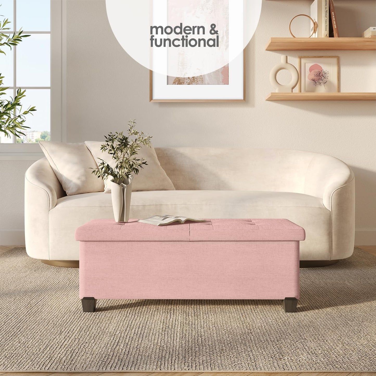 STORAGEBUD Storage Ottoman Bench with Bins, 43-in Storage Bench for Bedroom End of Bed, Folding Foot Rest Ottoman for Living Room Max 660lbs, Fabric Ottomans, Pink