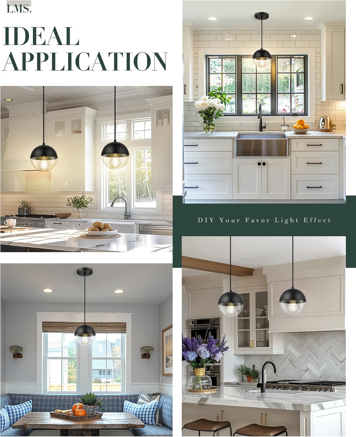 LMS 6-inch Modern Pendant Light, Matte Black Kitchen Pendant Light with Clear Globe Glass, Adjustable Hanging Farmhouse Pendant Light Fixtures for Dining Room Living Room Kitchen Island, LMS-186BKCS