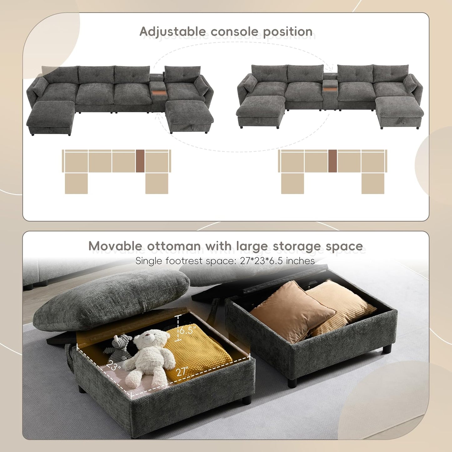 Merax 142'' Modular Sectional Sofa Set with Movable Storage Ottoman and Console, Cup Holder, Wide Seat, 6 Seat U Shaped Couch, Oversized Chenille Sofa with USB Charger for Living Room, Apartment, Gray