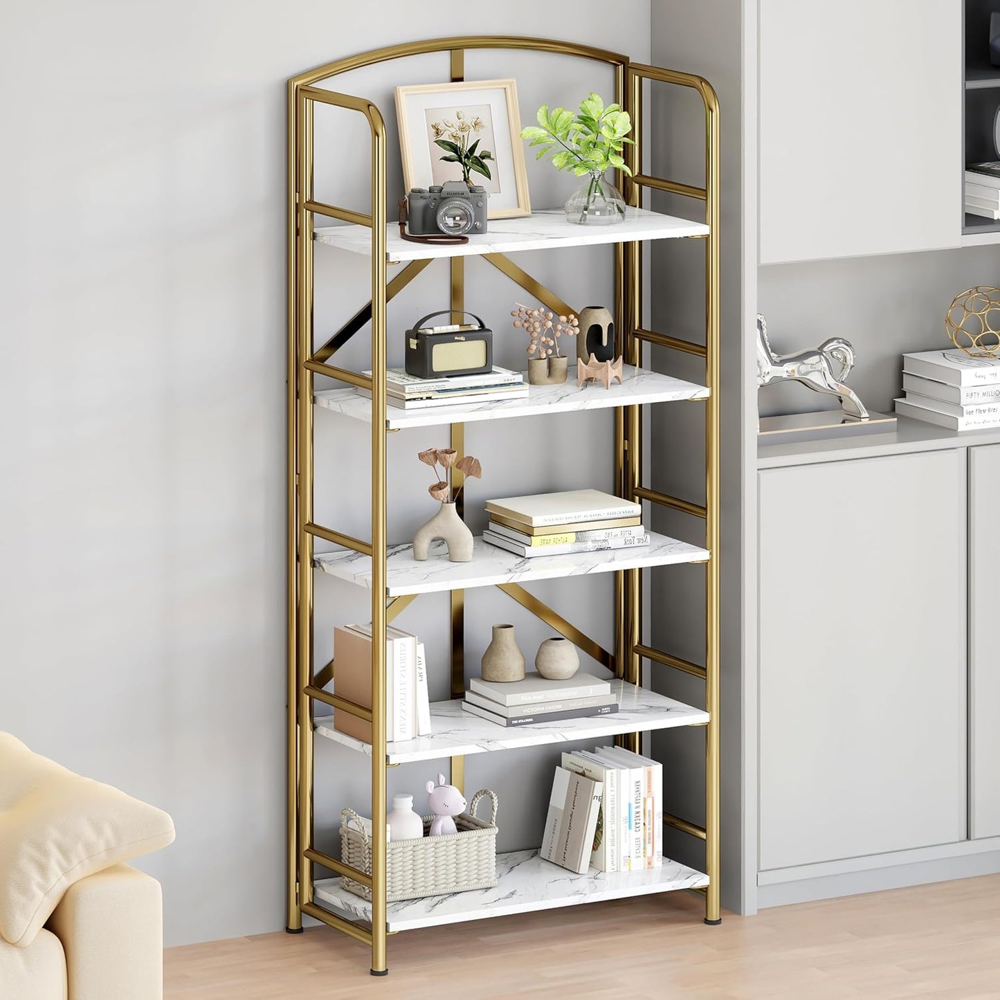 No-Assembly Folding Gold Bookshelf Storage Shelves 5 Tiers Vintage Multifunctional Plant Flower Stand Storage Rack Shelves Bookcase for Home Office
